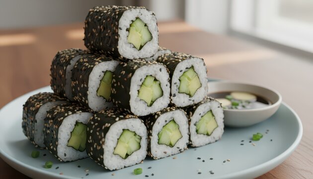 A pyramid stack of freshly prepared maki sushi rolls filled with cucumber and avocado, sprinkled with sesame seeds, served on a light blue plate with a side of soy sauce. - Powered by Adobe