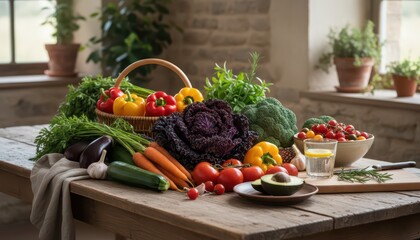 An abundant display of fresh, colorful vegetables and fruits arranged on a rustic wooden table in a kitchen setting, ready for healthy cooking.