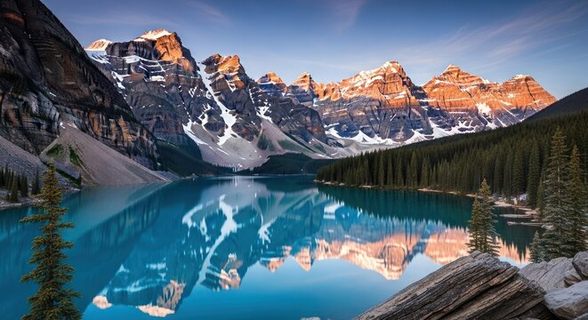 Majestic mountains reflect in serene lake at sunrise
