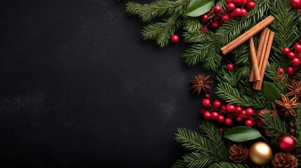 Festive Christmas and Winter Holiday Background with Evergreen Branches, Red Berries, and Spices on Dark Table with Copy Space