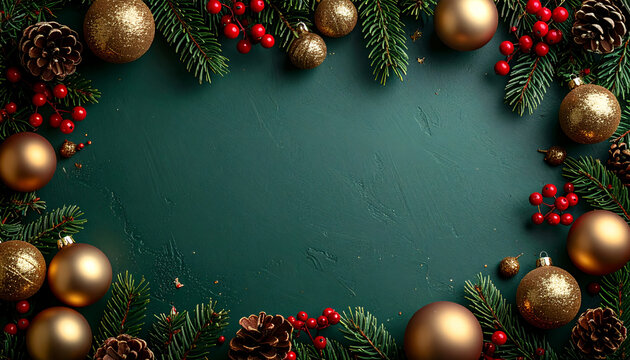 Elegant Christmas background with golden baubles, pine cones, and red berries creates a festive atmosphere for holiday greetings and seasonal designs