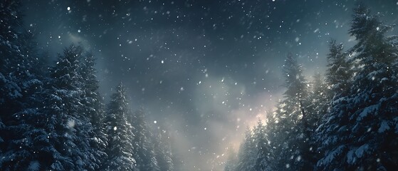 Wide snowy forest, cinematic night sky, falling snow particles, cool winter tones, clean center area for text