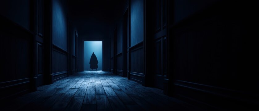 Mysterious Silhouette in a Long Dark Hallway Bathed in Blue Light