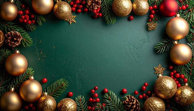Festive Christmas and New Year's golden ornaments, pine branches, and berries frame for holiday greeting cards and seasonal designs, celebrating joy and warmth