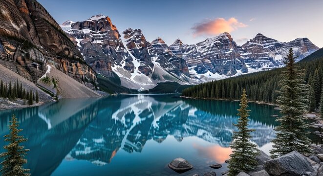Mountainous lake at dawn, snow-capped peaks reflected