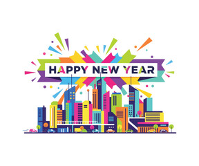 Celebrate a vibrant new year with this colorful cityscape design, perfect for invitations, greetings, and festive digital promotions bringing joy and cheer