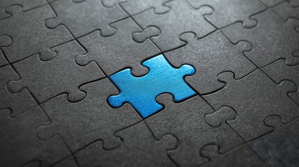 Single blue puzzle piece stands out among dark gray pieces, symbolizing uniqueness and the importance of finding the right fit in problem-solving