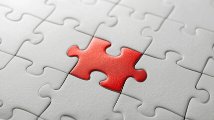 Fototapeta premium Single red puzzle piece fitting into a white jigsaw puzzle, symbolizing uniqueness and the importance of every piece in the complete picture