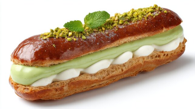 Delicious pistachio eclair dessert with mint garnish for bakery and cafe menus