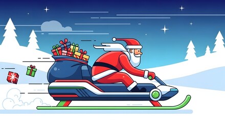 A modern Santa Claus speeds across a snowy winter landscape on a futuristic snowmobile, delivering a sack full of Christmas gifts.