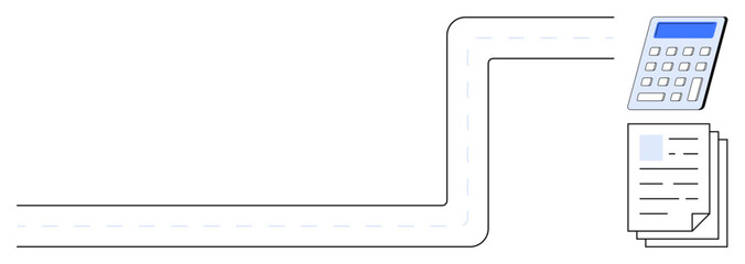 Calculator atop stacked documents positioned at the end of a simplified winding road. Ideal for financial planning, accounting, data management, strategy, business solutions, calculation