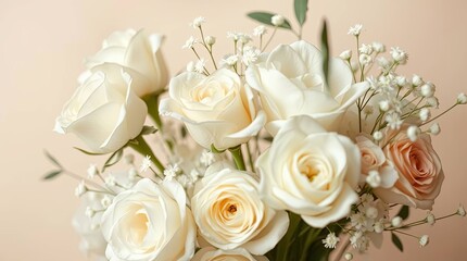 Elegant bouquet of roses and baby's breath flowers on beige background