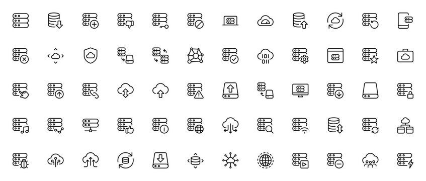 Work Office Server icon set. Minimal line vector icos. Includes symbols for sever, cloud storage, data tansfer, upload, download, ync, networking, connectio and more. Editable stroke