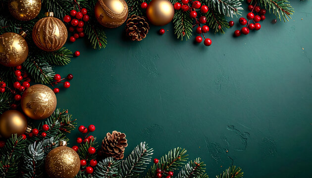Festive Christmas background with golden ornaments, pine branches, and red berries creating a warm and inviting holiday atmosphere for your seasonal greetings