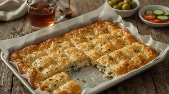 Layers of flaky yufka pastry filled with creamy feta cheese and fresh parsley, served with olives and tea, perfect for gatherings and celebrations