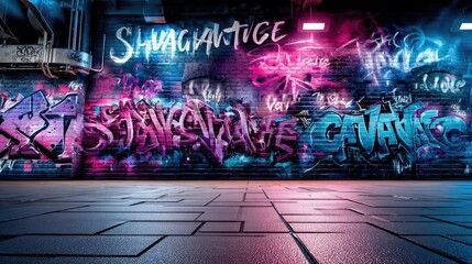 Naklejka premium A brick wall covered in colorful graffiti art, illuminated by neon lights, with a patterned floor.