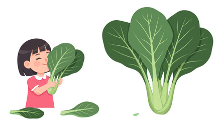 Healthy And Happy Girl Holding Fresh Bok Choy, Isolated On Black Background