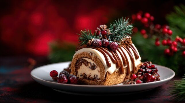 Festive Yule Log Cake with Chocolate and Cranberry Decorations