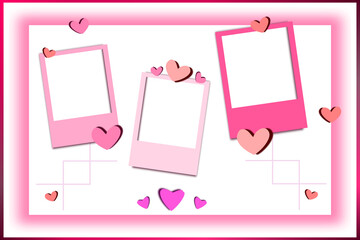 Cute pink frame template with photo card set decoration love hearts on transparent background.