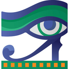 Stylized Egyptian Eye of Horus Symbol Featuring Blue Green and Orange Colors Against a Transparent Background Representing Protection and Royal Power