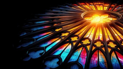 A close-up view of a colorful stained glass window, with light streaming through, creating a sunburst effect.