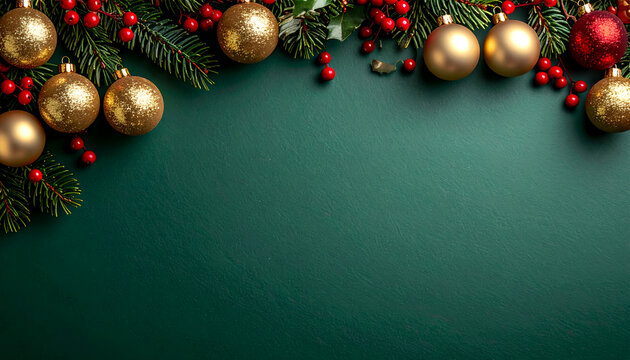 Sparkling gold ornaments and festive winter foliage frame a vibrant surface, perfect for Christmas greetings and holiday promotions with a touch of elegance