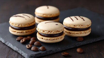 Gourmet coffee macarons with rich chocolate on slate serving board
