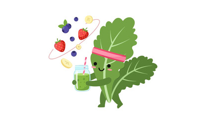 Healthy Leafy Character Serves Fresh Juice with Fruits and Black Background