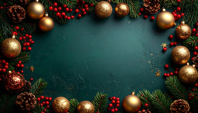 Elegant Christmas ornament frame for festive designs and holiday greetings, featuring gold baubles, pine sprigs, and vibrant red berries for winter cheer