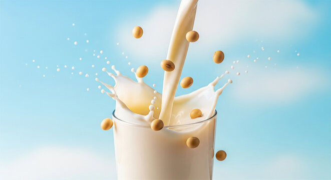 Fresh soy milk splash pouring into glass with floating soybeans on blue background - Powered by Adobe