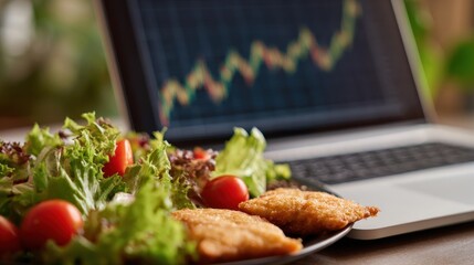 Healthy meal beside laptop with graph