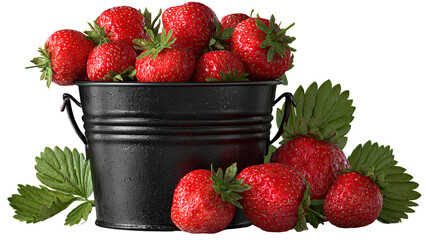 Fresh Strawberries in Black Bucket Isolated on White Background