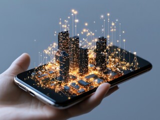 A hand holds a smartphone displaying a futuristic, glowing 3D cityscape with interconnected lights, symbolizing technology and urban development.