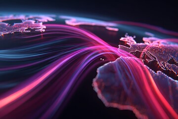 Glowing ribbons float across the world map like digital energy wind paths.