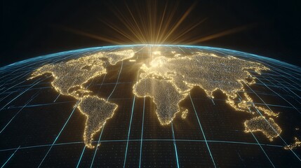The meridians and latitudes on the world map glow brightly, like the energy structures that connect the entire world.
