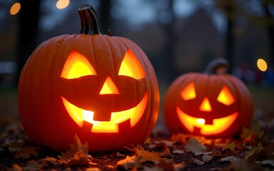 Glowing pumpkin festival celebration autumn park halloween event outdoor nighttime community spirit. High quality