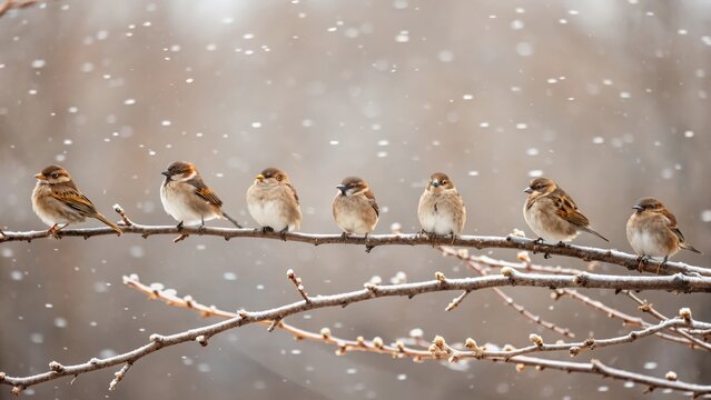 Sparrows perched on winter branch with falling snow