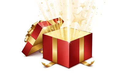 A festive red gift box with a golden bow is open, revealing a magical glowing light and stars.