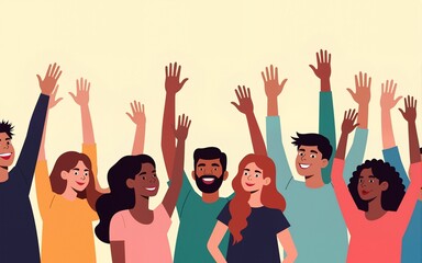 A diverse group of animated people raises their hands in celebration. Highlighting unity and community. Ideal for diversity inclusion events community celebration social gatherings and teamwork