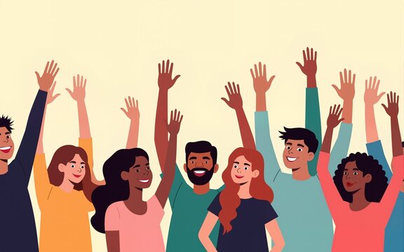 A diverse group of animated people raises their hands in celebration. Highlighting unity and community. Ideal for diversity inclusion events community celebration social gatherings and teamwork