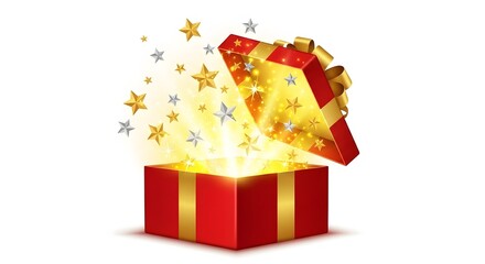 A vibrant illustration of a red gift box with a golden bow, open and radiating light with stars.