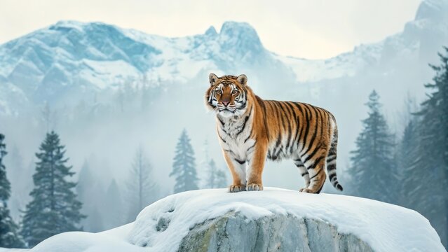 Tiger in winter mountains standing on snow with a watchful gaze