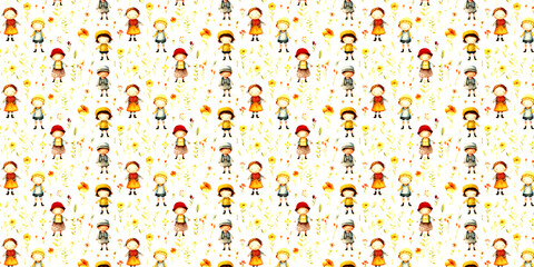 Watercolor cute children and flowers seamless pattern design.