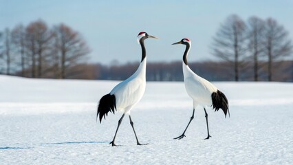 Obraz premium Two elegant red crowned cranes walking in the snow
