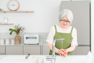Senior Asian woman with grey hair cooking in her kitchen at home
