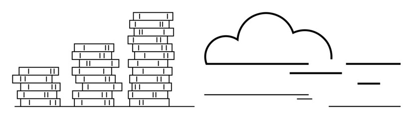 Rows of stacked books beside a simple cloud outline evoke learning, technology, and digital storage. Ideal for education, cloud computing, e-learning, knowledge management, innovation, research