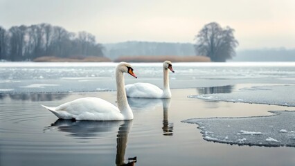 Two white swans swimming in a winter lake