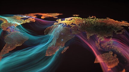 Two layers of fused data flow smoothly across the world map like fusion energy.