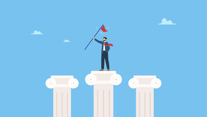 Businessman holding winning flag on pillars. Pillars of success, foundation or support to achieve business target, challenge to be winner or rules of success, stable and strong leadership.