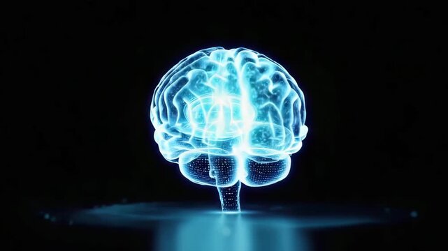 Digital Human Brain Hologram Rotation. Glowing Blue AI Concept with Neural Activity. Technology.